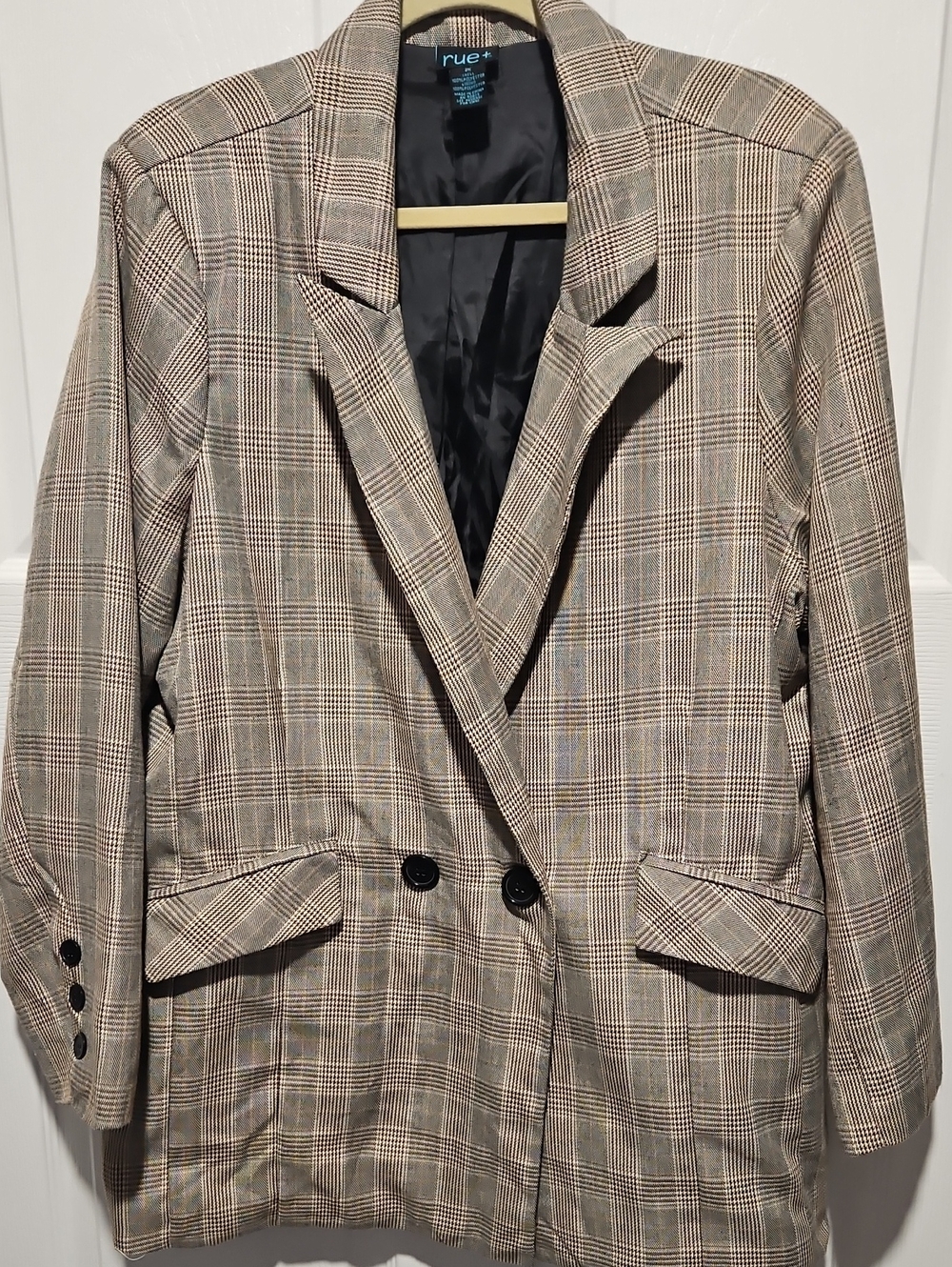 Rue+ Women's Plaid Double-Breasted Blazer - Beige/Tan Size 2X